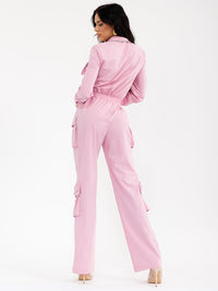 WOMEN'S LONG SLEEVES BUTTON UP CARGO POCKETS ELASTIC WAIST WIDE LEG JUMPSUIT