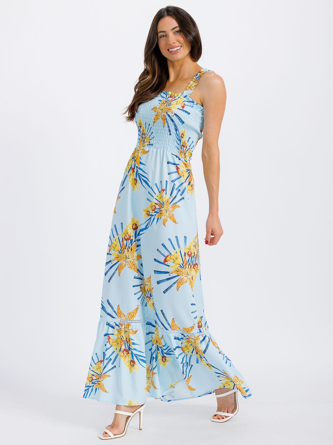 WOMEN'S SLEEVELESS SMOCK TIERED FLORAL MAXI DRESS