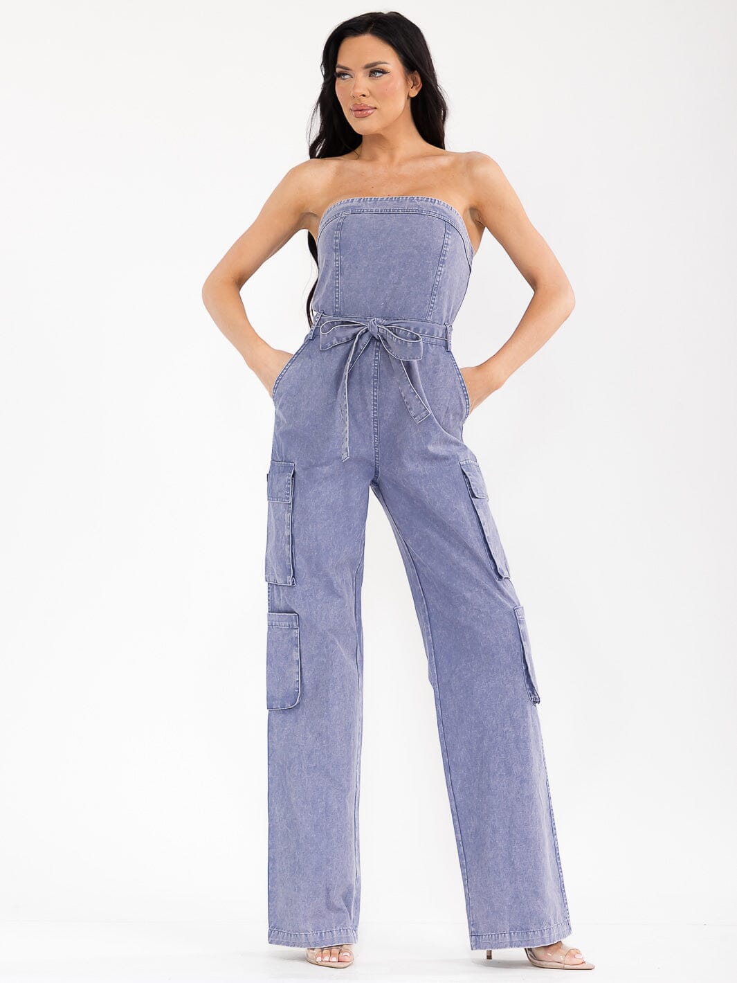 WOMEN'S SLEEVELESS CARGO POCKETS DENIM WIDE LEG JUMPSUIT