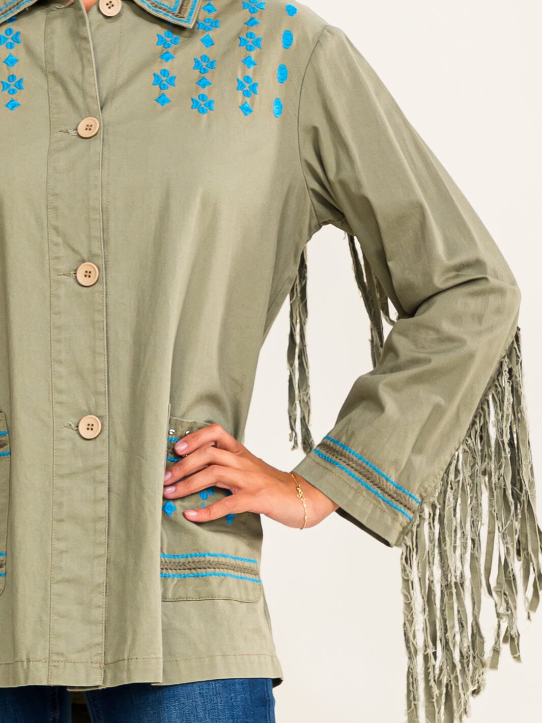WOMEN'S TWILL EMBRODIERY AND FRINDGE SHACKET