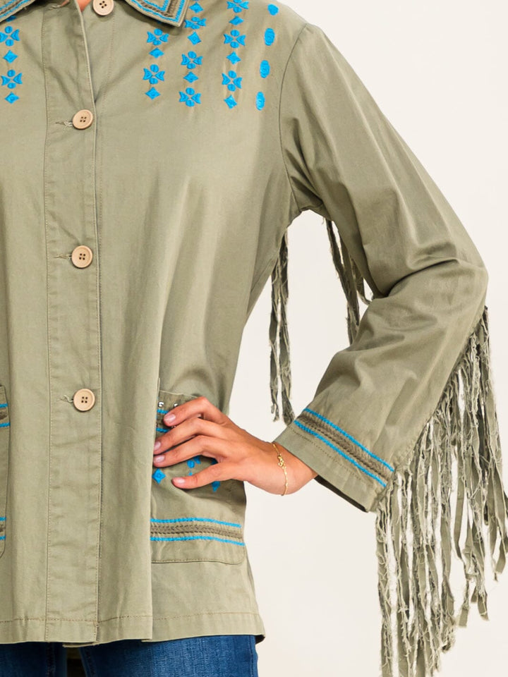 WOMEN'S TWILL EMBRODIERY AND FRINDGE SHACKET