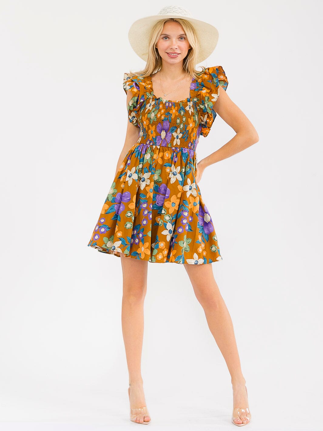 WOMEN'S RUFFLE SLEEVES SQUARE NECK SMOCK FLORAL PRINT MINI DRESS