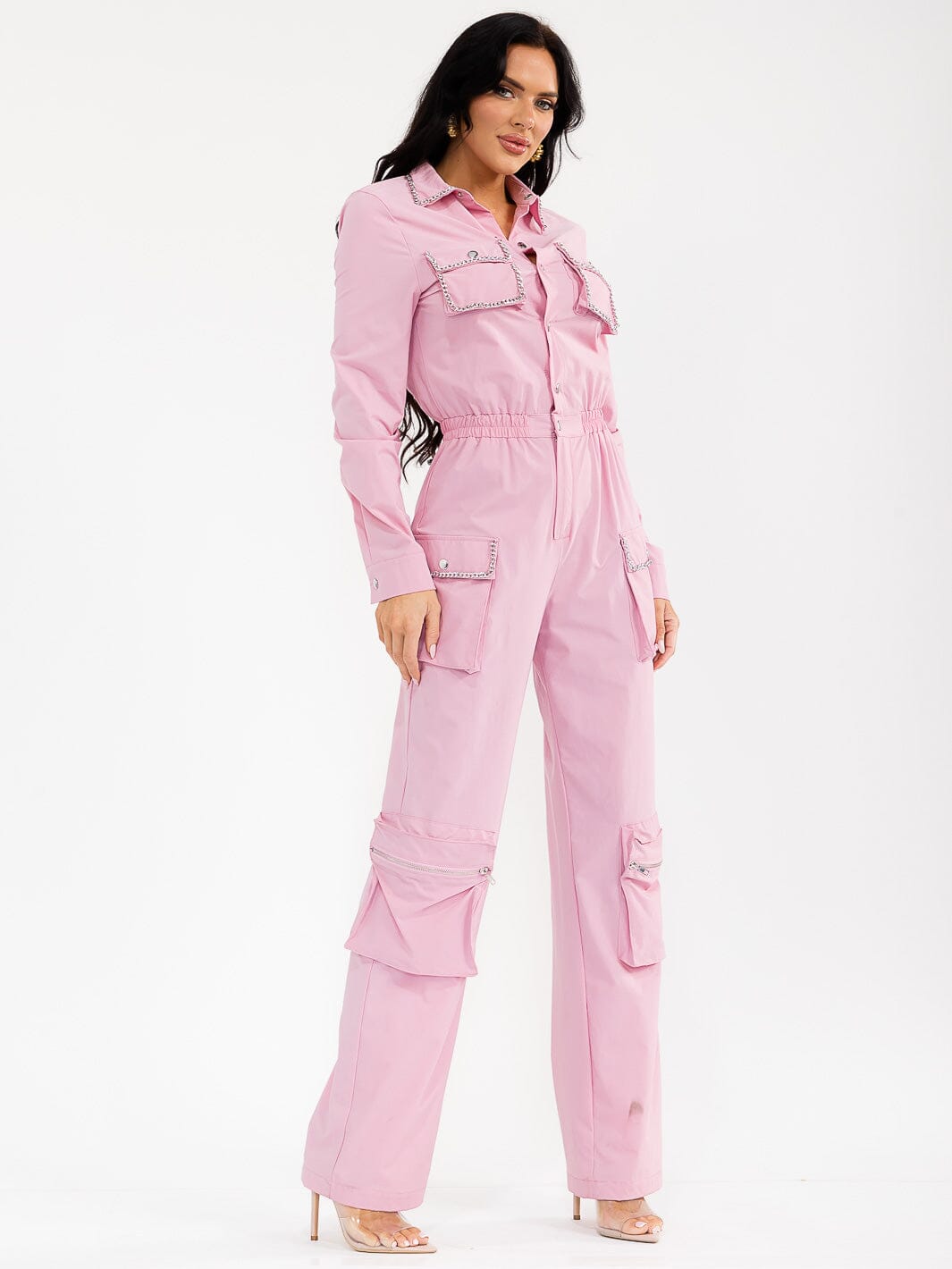 WOMEN'S LONG SLEEVES BUTTON UP CARGO POCKETS ELASTIC WAIST WIDE LEG JUMPSUIT