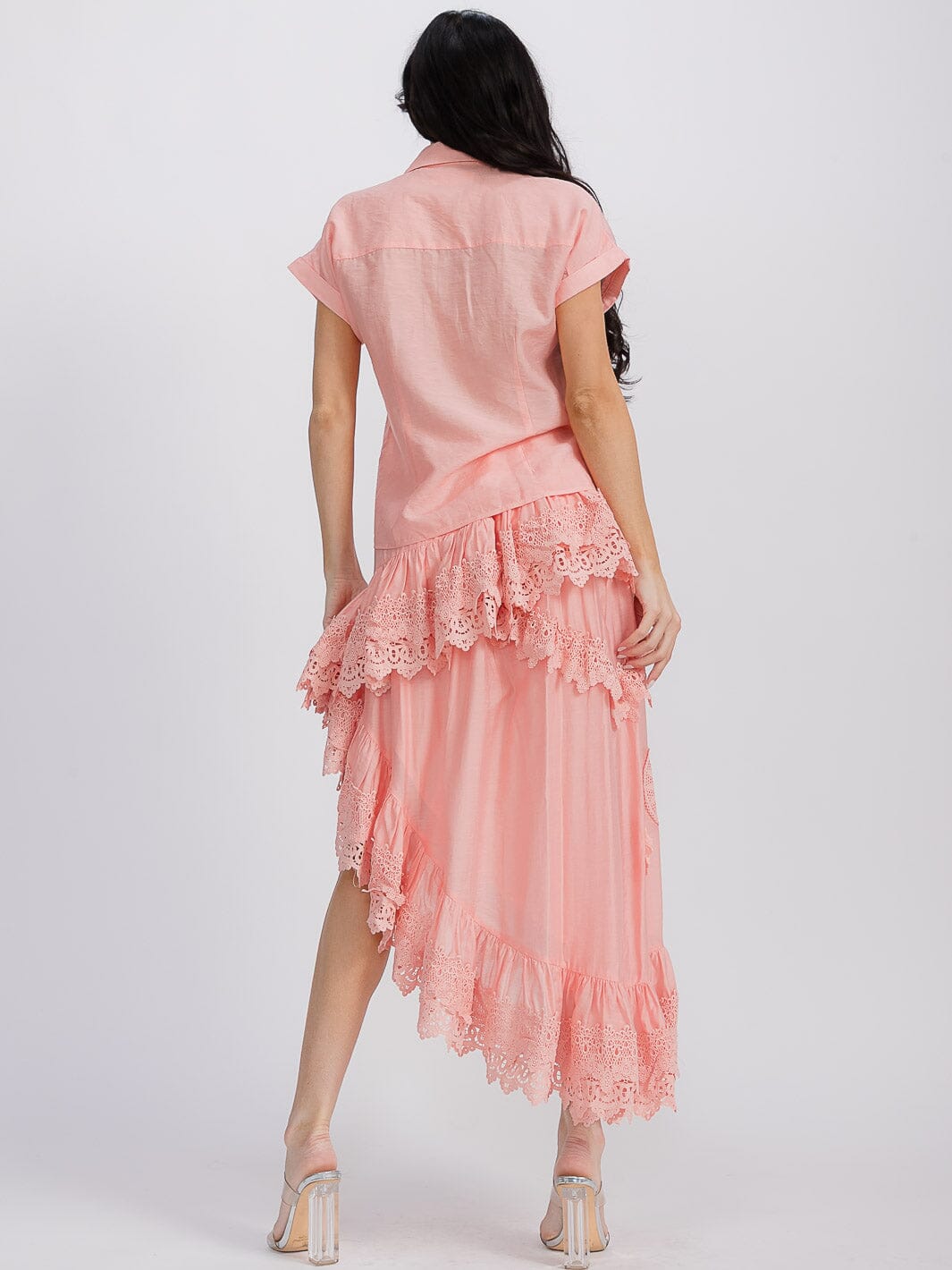 WOMEN'S SHORT SLEEVE BLOUSE & RUFFLE HIGH-LOW MAXI SKIRT 2PC SET.