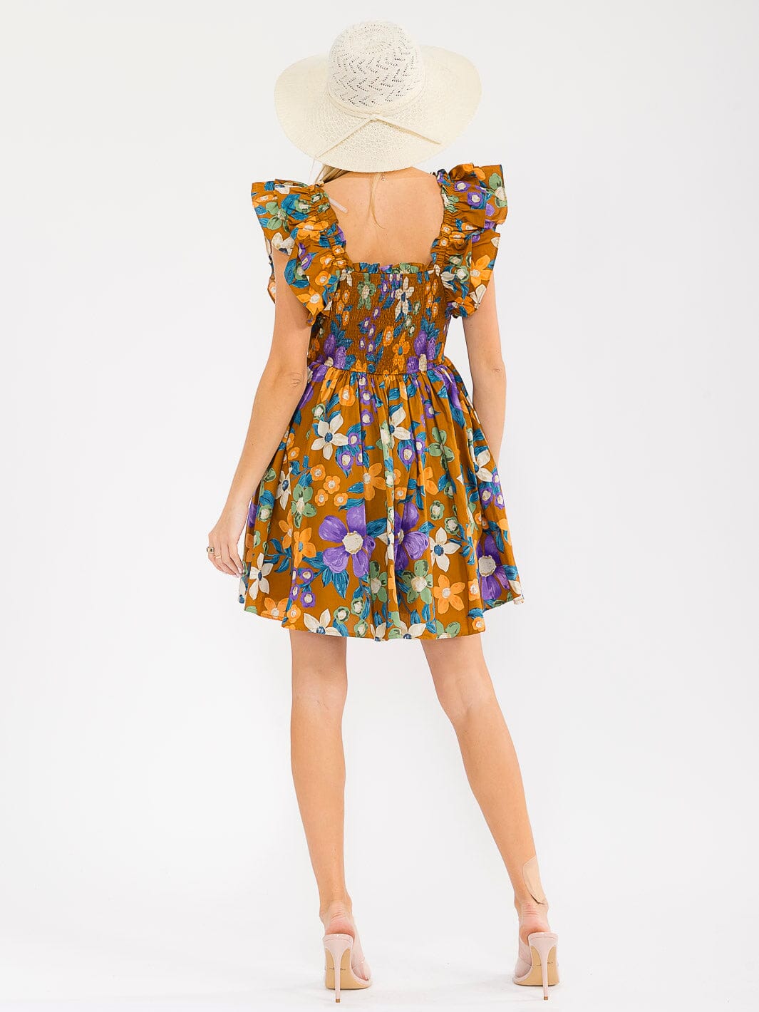 WOMEN'S RUFFLE SLEEVES SQUARE NECK SMOCK FLORAL PRINT MINI DRESS