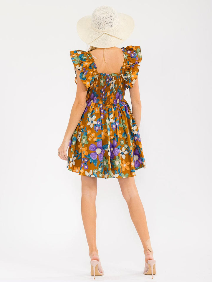 WOMEN'S RUFFLE SLEEVES SQUARE NECK SMOCK FLORAL PRINT MINI DRESS