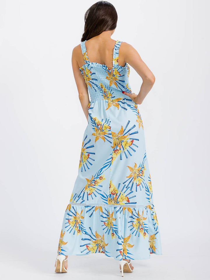 WOMEN'S SLEEVELESS SMOCK TIERED FLORAL MAXI DRESS