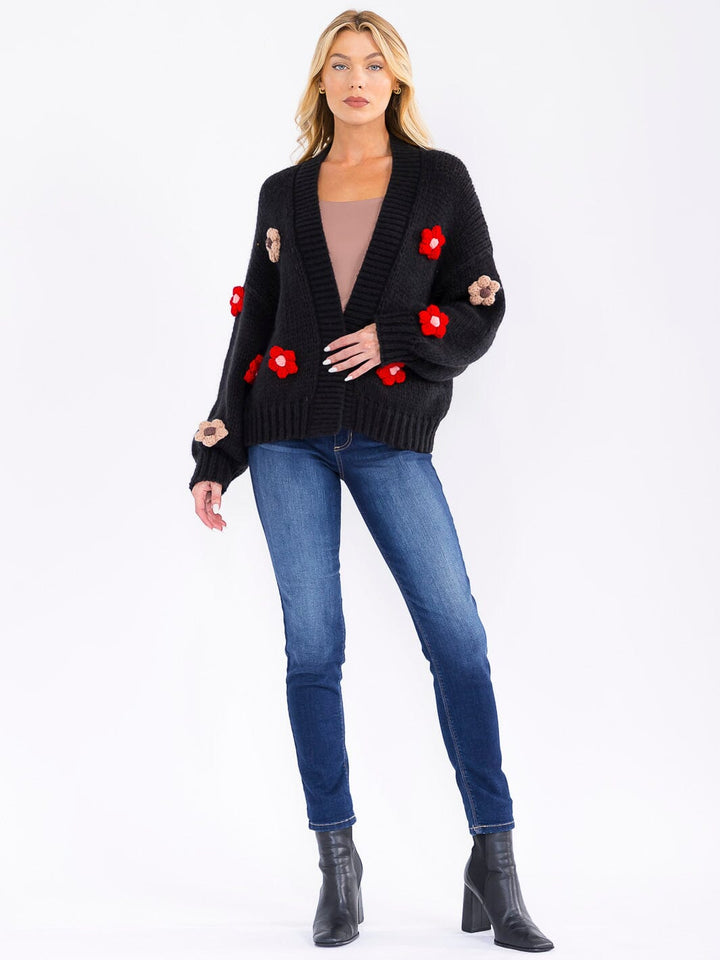 WOMEN'S LONG SLEEVE FLORAL KNIT OVERSIZED CARDIGAN