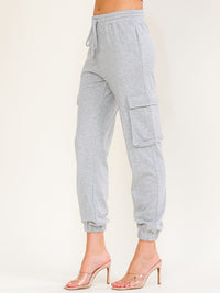 WOMEN'S ELASTIC WAIST SELF TIE CARGO POCKETS JOGGER PANTS