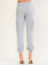 WOMEN'S ELASTIC WAIST SELF TIE CARGO POCKETS JOGGER PANTS