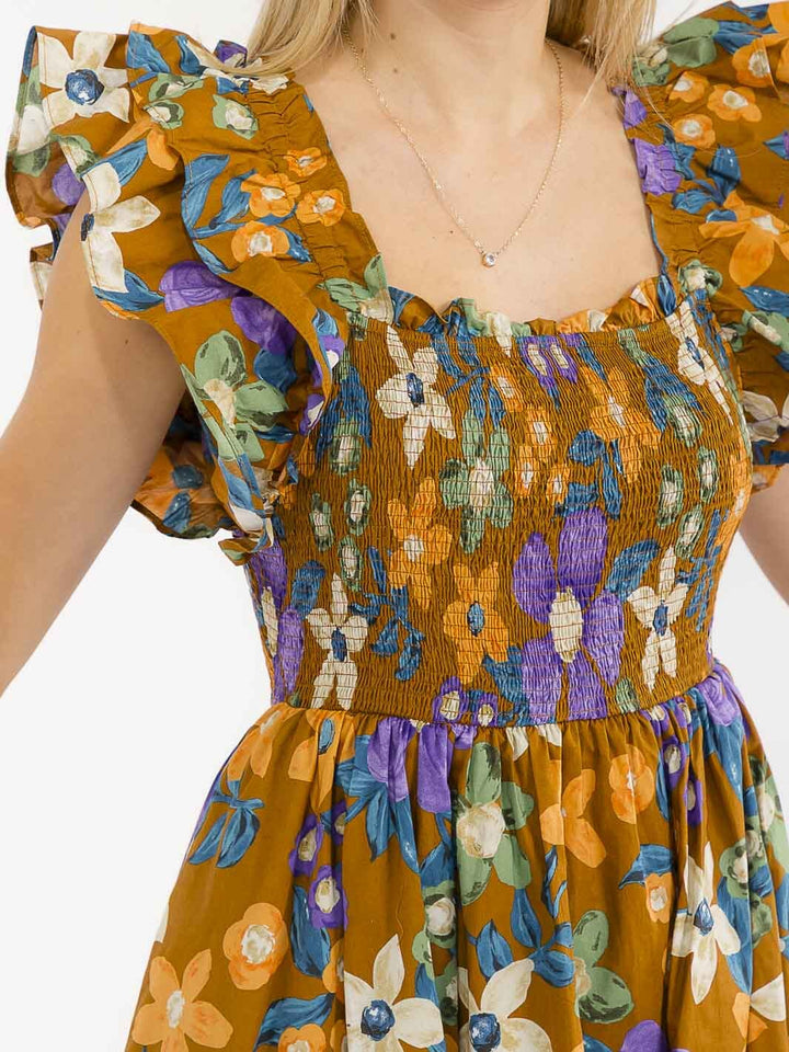 WOMEN'S RUFFLE SLEEVES SQUARE NECK SMOCK FLORAL PRINT MINI DRESS