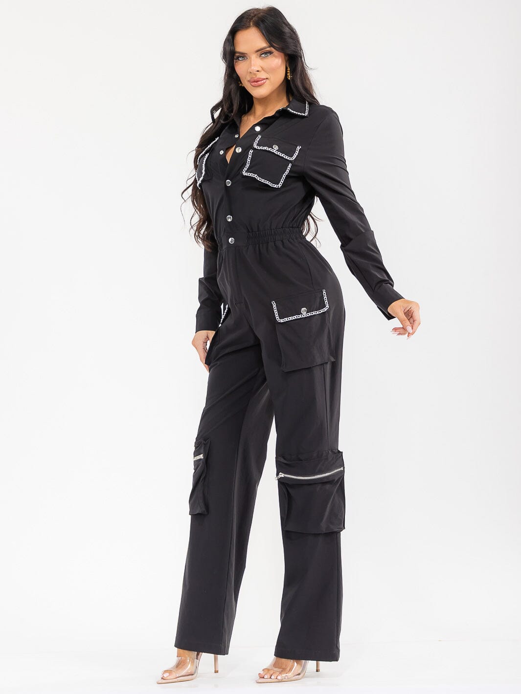 WOMEN'S LONG SLEEVES BUTTON UP CARGO POCKETS ELASTIC WAIST WIDE LEG JUMPSUIT
