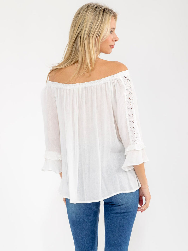 WOMEN'S 3/4 RUFFLE SLEEVE EYELET DETAILED BLOUSE