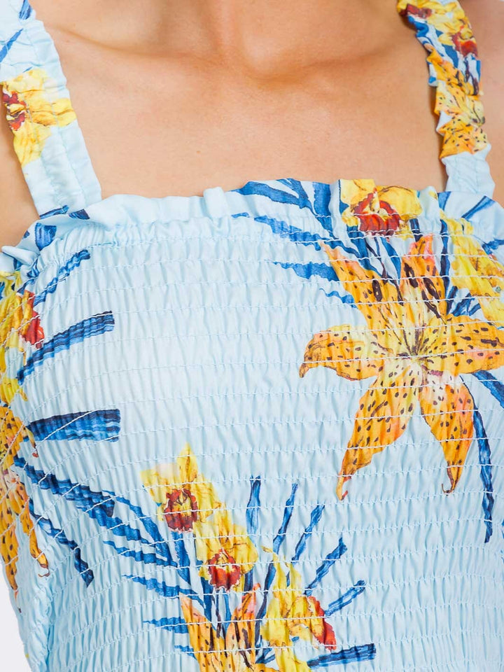 WOMEN'S SLEEVELESS SMOCK TIERED FLORAL MAXI DRESS