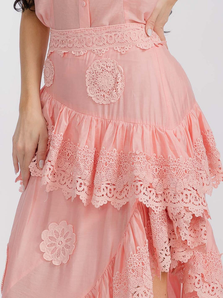 WOMEN'S SHORT SLEEVE BLOUSE & RUFFLE HIGH-LOW MAXI SKIRT 2PC SET.