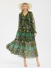 WOMEN'S LONG SLEEVES V-NECK ELASTIC WAIST FLORAL PRINT MAXI DRESS
