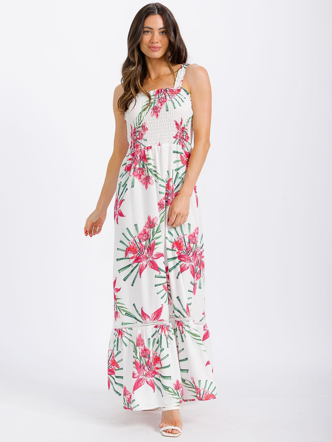 WOMEN'S SLEEVELESS SMOCK TIERED FLORAL MAXI DRESS