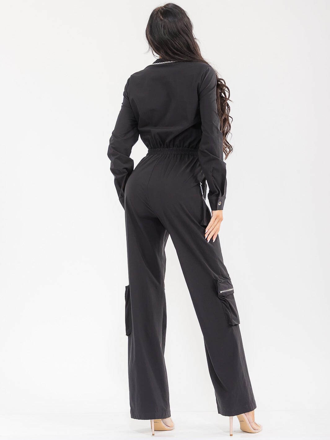 WOMEN'S LONG SLEEVES BUTTON UP CARGO POCKETS ELASTIC WAIST WIDE LEG JUMPSUIT