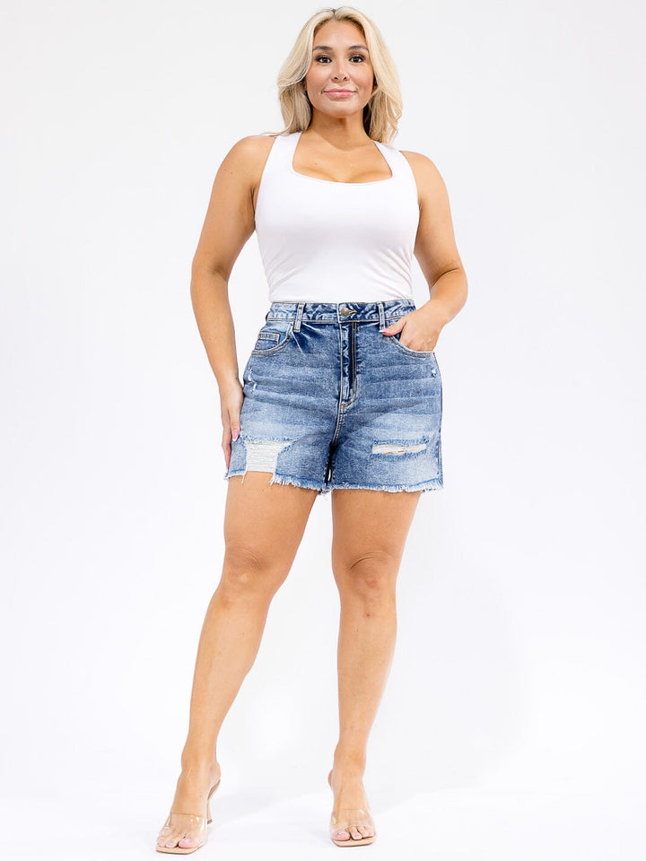 PLUS SIZE BUTTON CLOSURE POCKETS DENIM DISTRESS MINI SHORTS