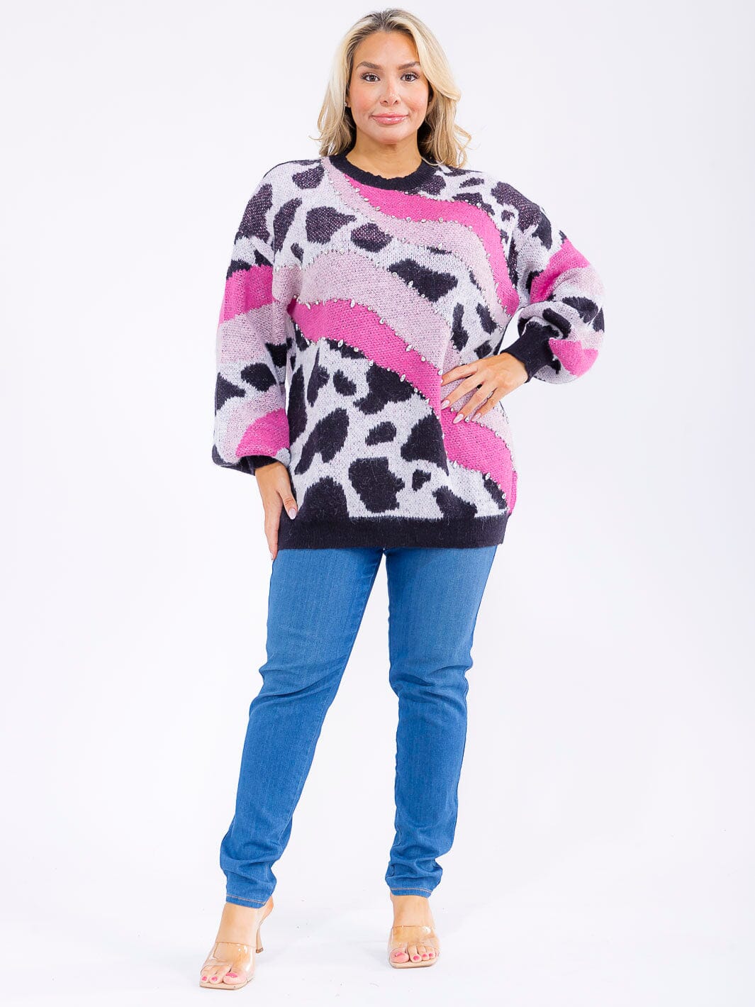 PLUS SIZE LONG SLEEVE ANIMAL PRINT STUDS PULLOVER KNIT SWEATER