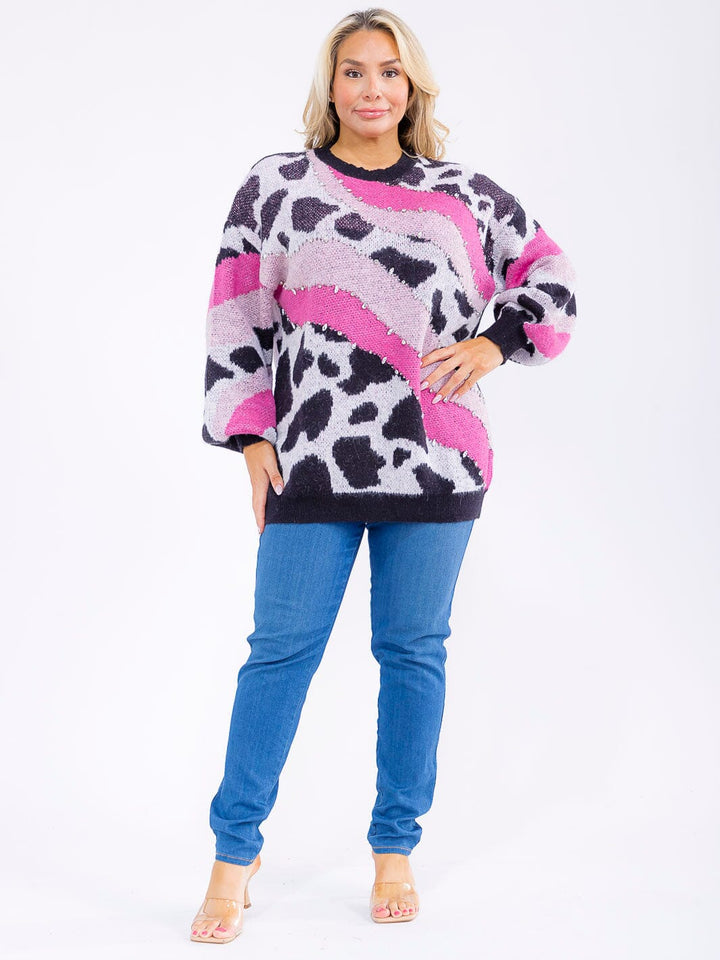 PLUS SIZE LONG SLEEVE ANIMAL PRINT STUDS PULLOVER KNIT SWEATER