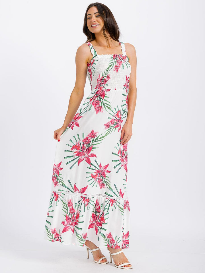 WOMEN'S SLEEVELESS SMOCK TIERED FLORAL MAXI DRESS