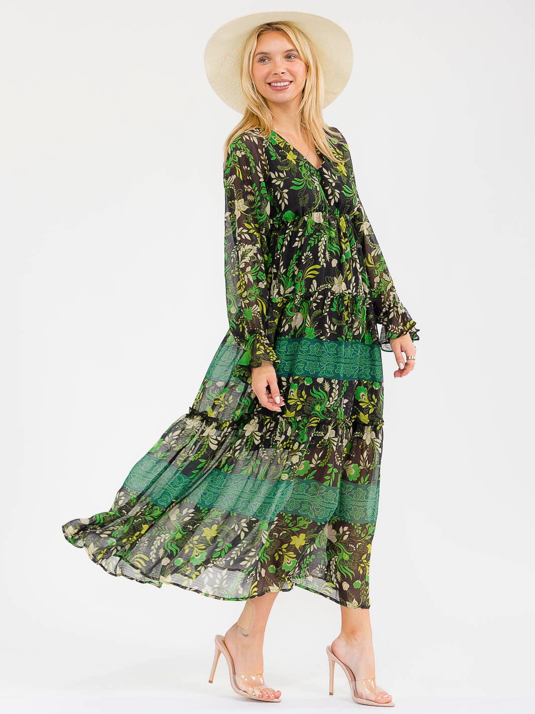 WOMEN'S LONG SLEEVES V-NECK ELASTIC WAIST FLORAL PRINT MAXI DRESS