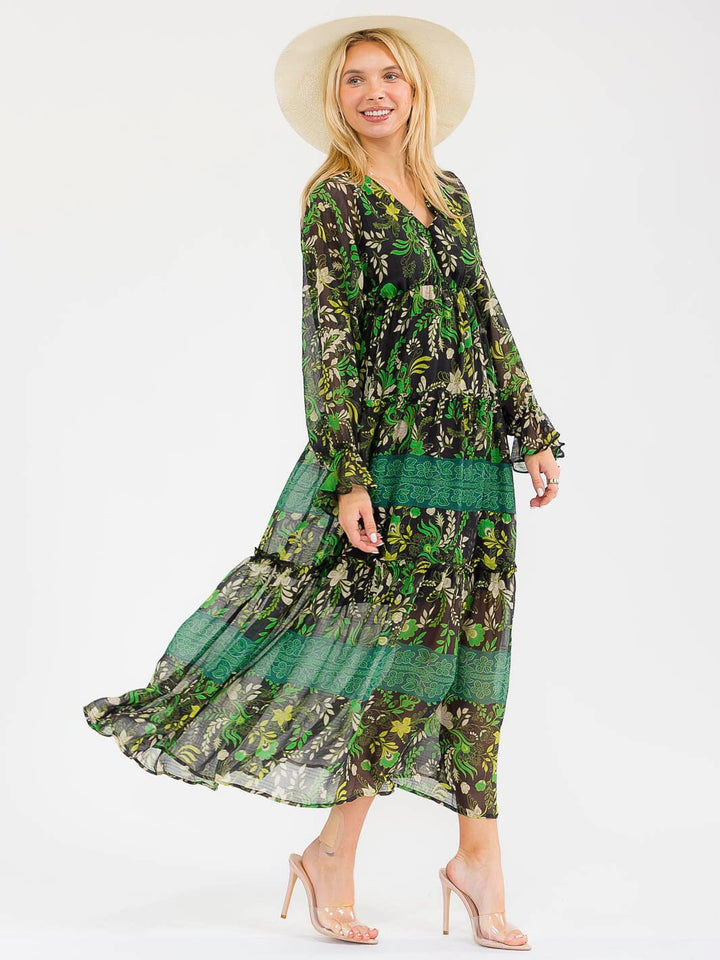 WOMEN'S LONG SLEEVES V-NECK ELASTIC WAIST FLORAL PRINT MAXI DRESS