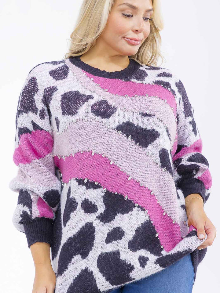 PLUS SIZE LONG SLEEVE ANIMAL PRINT STUDS PULLOVER KNIT SWEATER