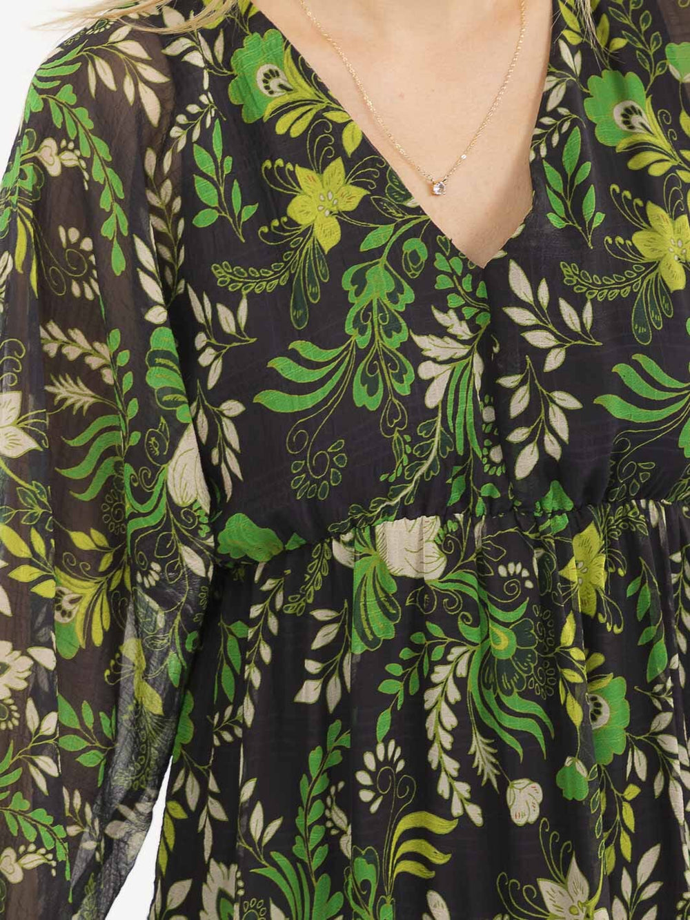 WOMEN'S LONG SLEEVES V-NECK ELASTIC WAIST FLORAL PRINT MAXI DRESS