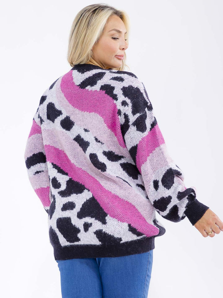 PLUS SIZE LONG SLEEVE ANIMAL PRINT STUDS PULLOVER KNIT SWEATER