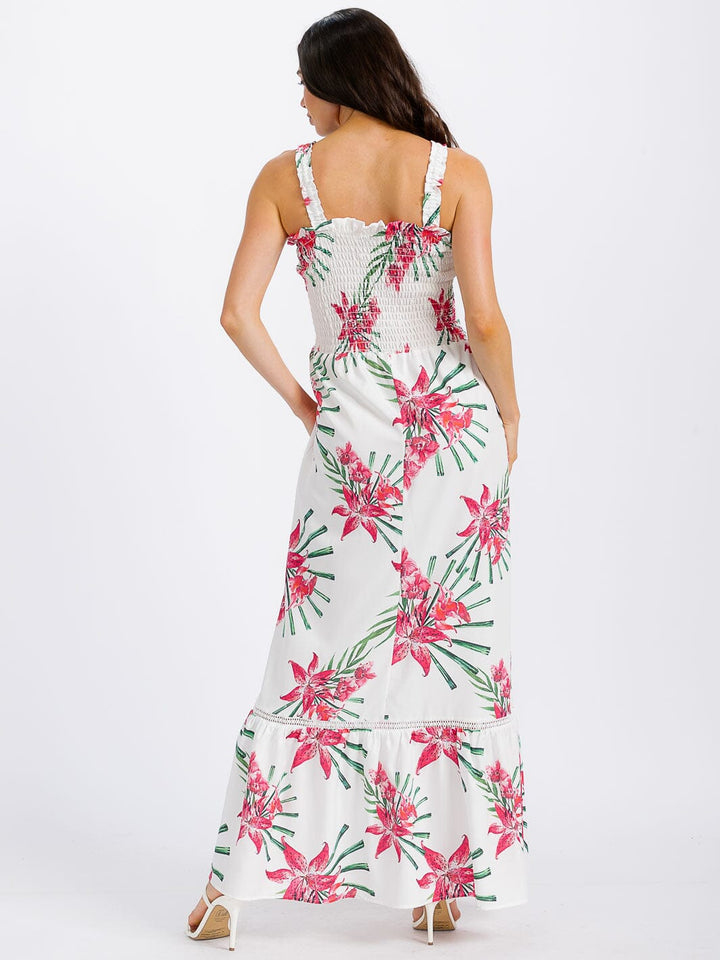 WOMEN'S SLEEVELESS SMOCK TIERED FLORAL MAXI DRESS