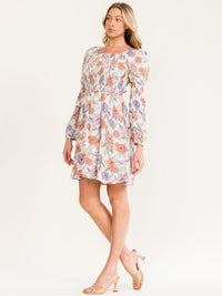 WOMEN'S LONG SLEEVE SMOCK FRONT POCKETS FLORAL PRINT MINI DRESS