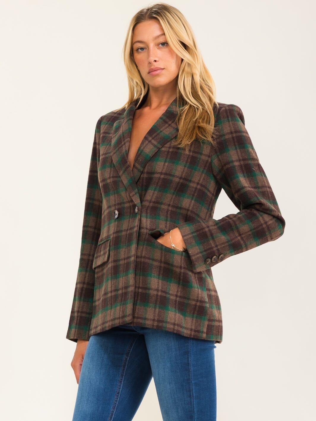 ENTRO WOMEN'S LONG SLEEVE BUTTON CLOSURE FRONT POCKETS PLAID BLAZER