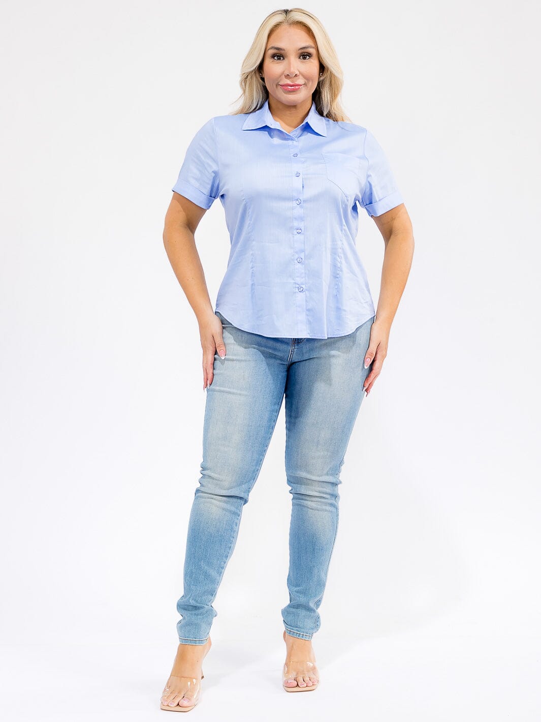 PLUS SIZE SHORT SLEEVE BUTTON UP FRONT POCKET BLOUSE