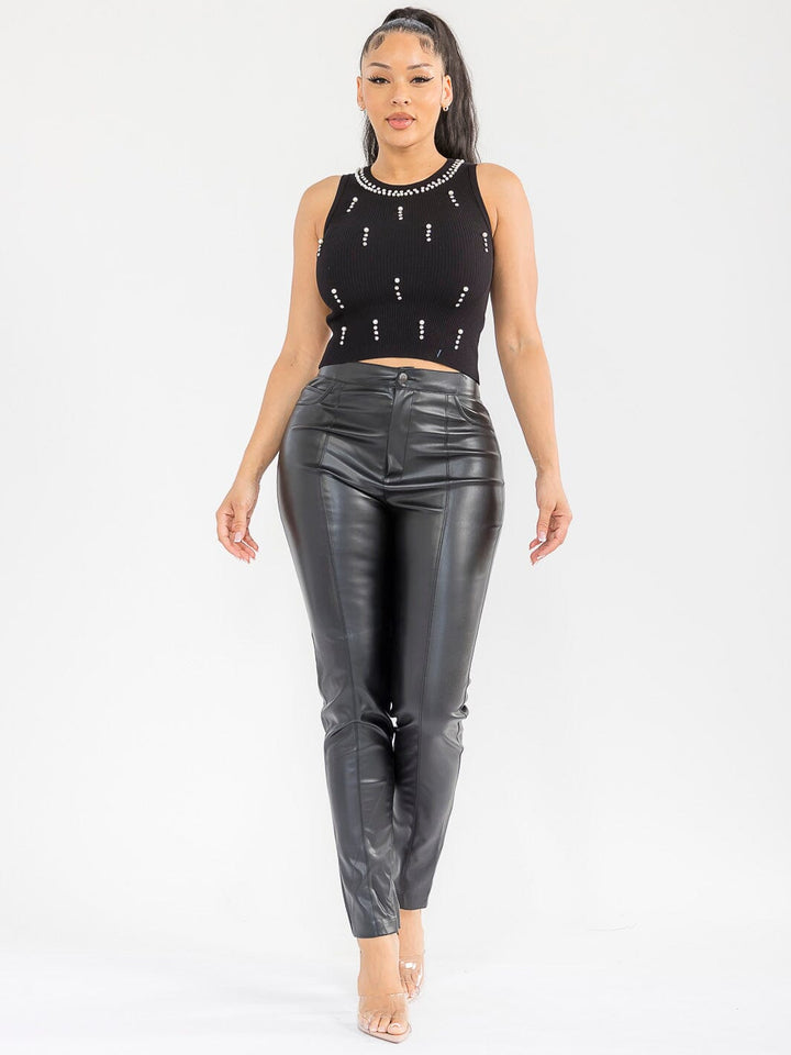 WOMEN'S SLEEVELESS PEARL STUDS RIBBED TANK TOP