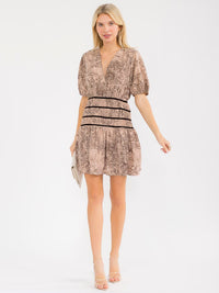 WOMEN'S SHORT SLEEVES SURPLICE WAIST DETAILED MULTI PRINT MINI DRESS