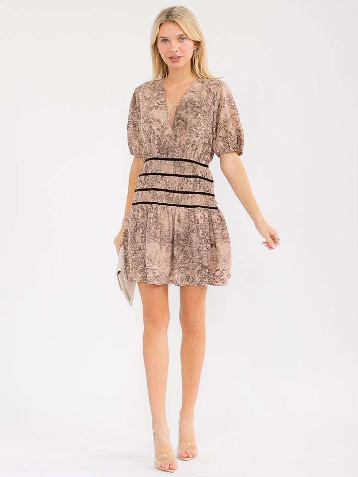 WOMEN'S SHORT SLEEVES SURPLICE WAIST DETAILED MULTI PRINT MINI DRESS