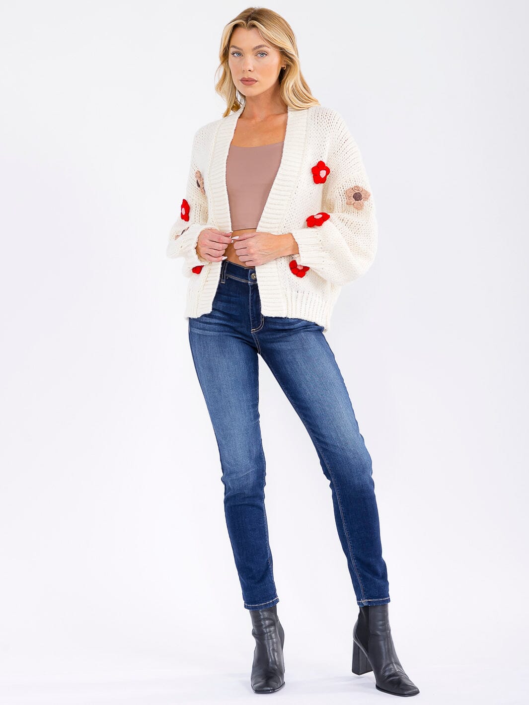WOMEN'S LONG SLEEVE FLORAL KNIT OVERSIZED CARDIGAN