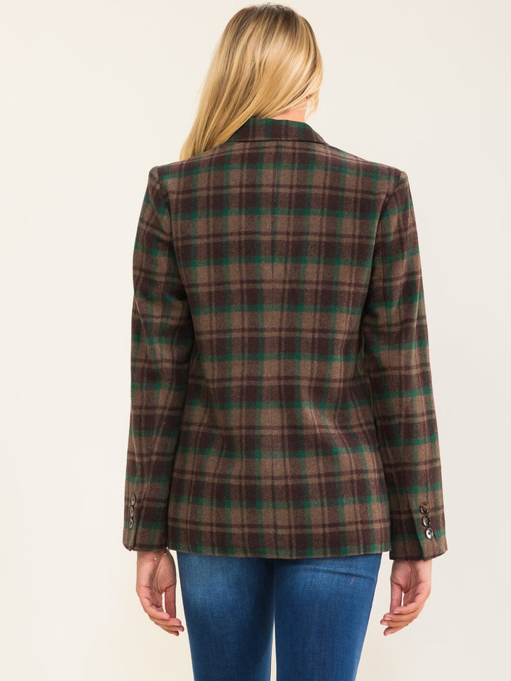 ENTRO WOMEN'S LONG SLEEVE BUTTON CLOSURE FRONT POCKETS PLAID BLAZER