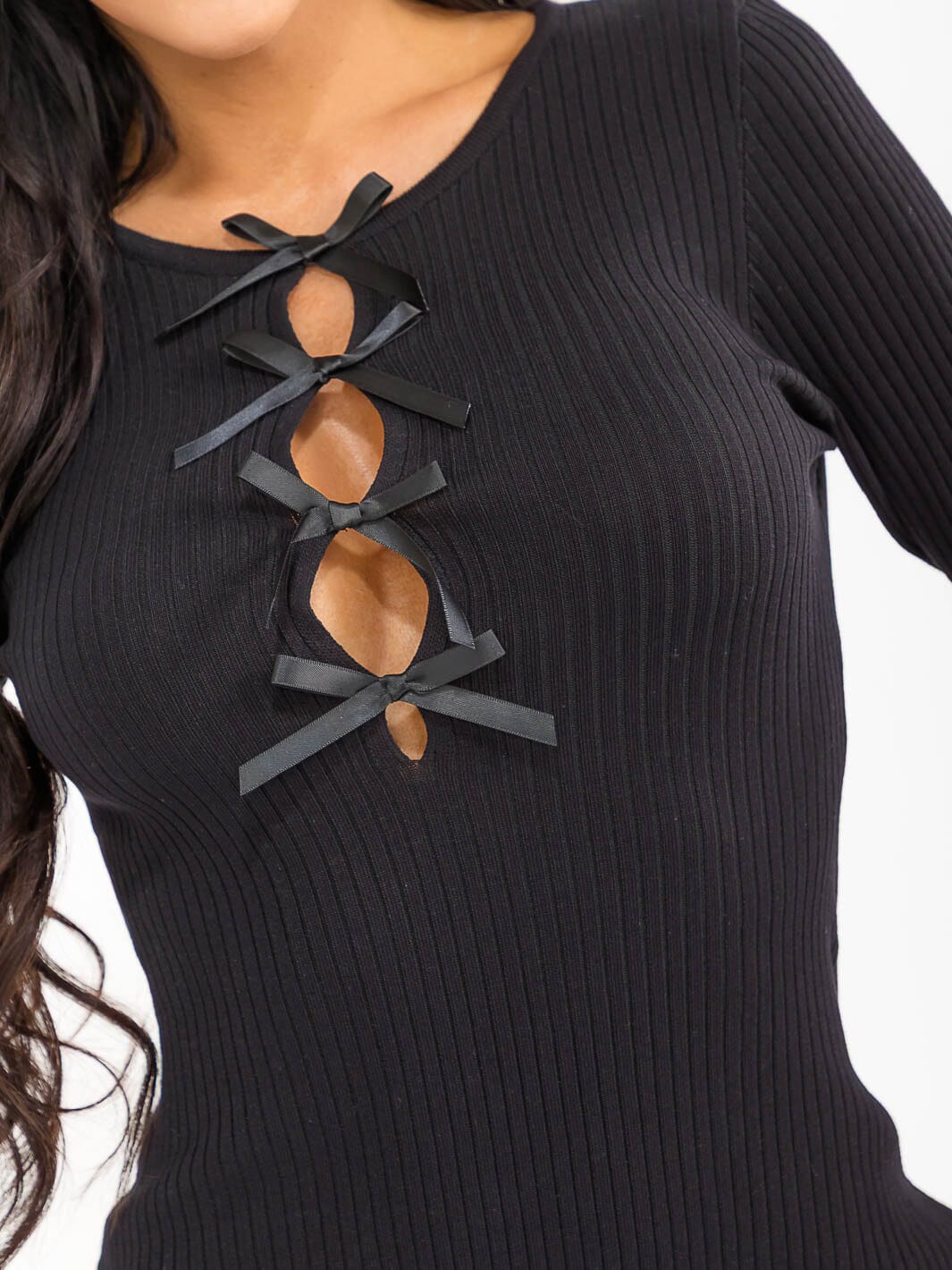 WOMEN'S LONG SLEEVE FRONT DETAILED RIBBED BODYCON MINI DRESS