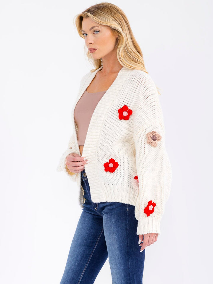 WOMEN'S LONG SLEEVE FLORAL KNIT OVERSIZED CARDIGAN