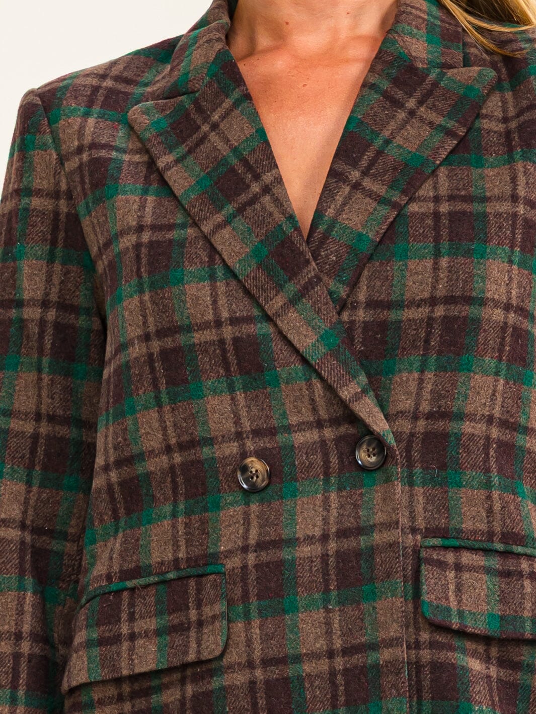 ENTRO WOMEN'S LONG SLEEVE BUTTON CLOSURE FRONT POCKETS PLAID BLAZER