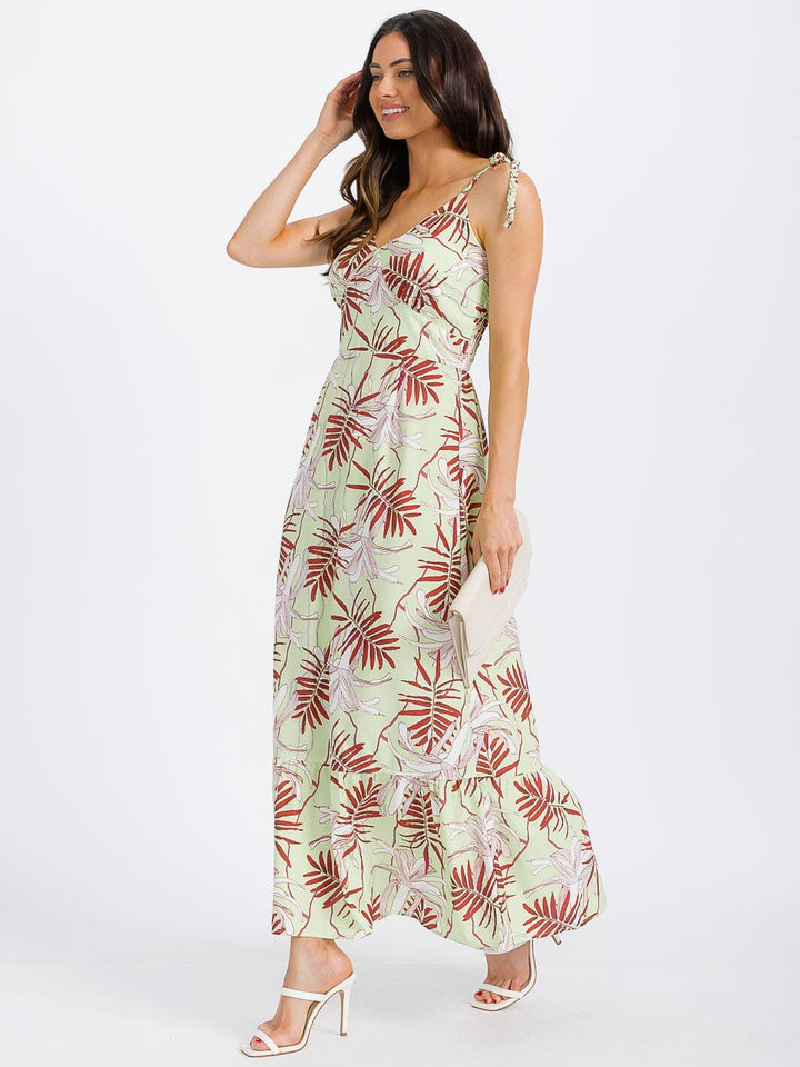 WOMEN'S SLEEVELESS V-NECK SMOCK LEAF PRINT MAXI DRESS