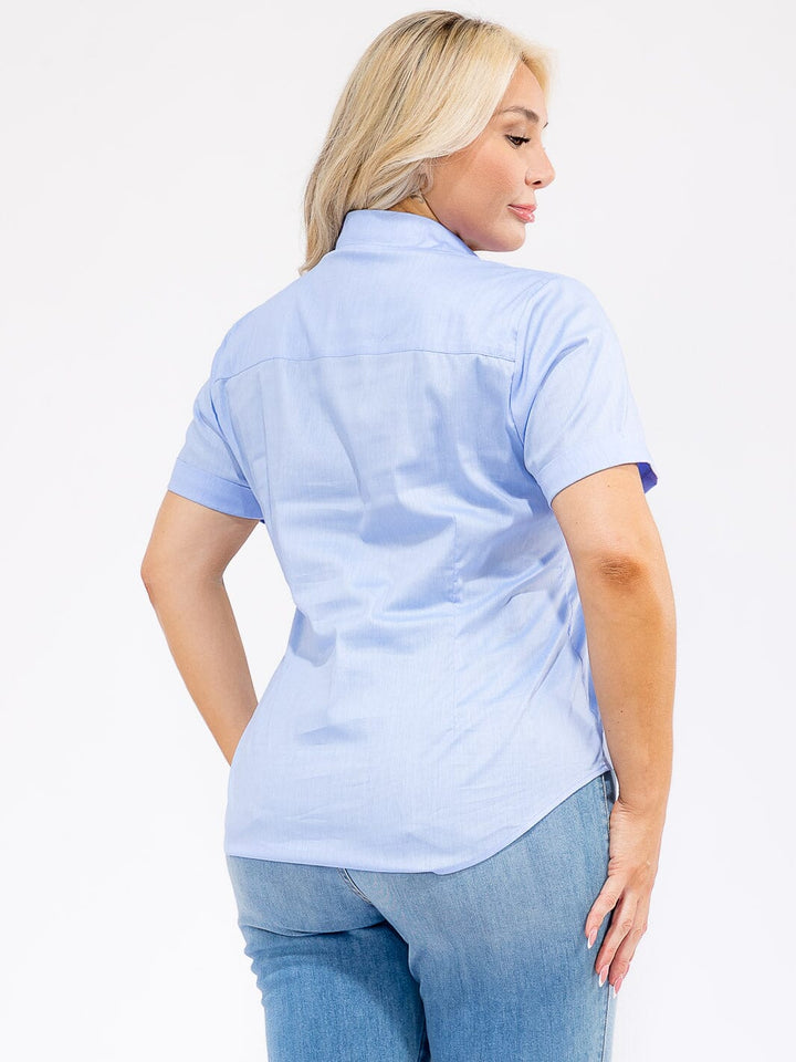 PLUS SIZE SHORT SLEEVE BUTTON UP FRONT POCKET BLOUSE