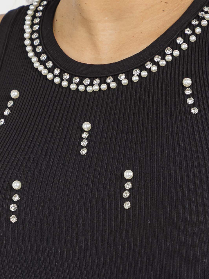 WOMEN'S SLEEVELESS PEARL STUDS RIBBED TANK TOP