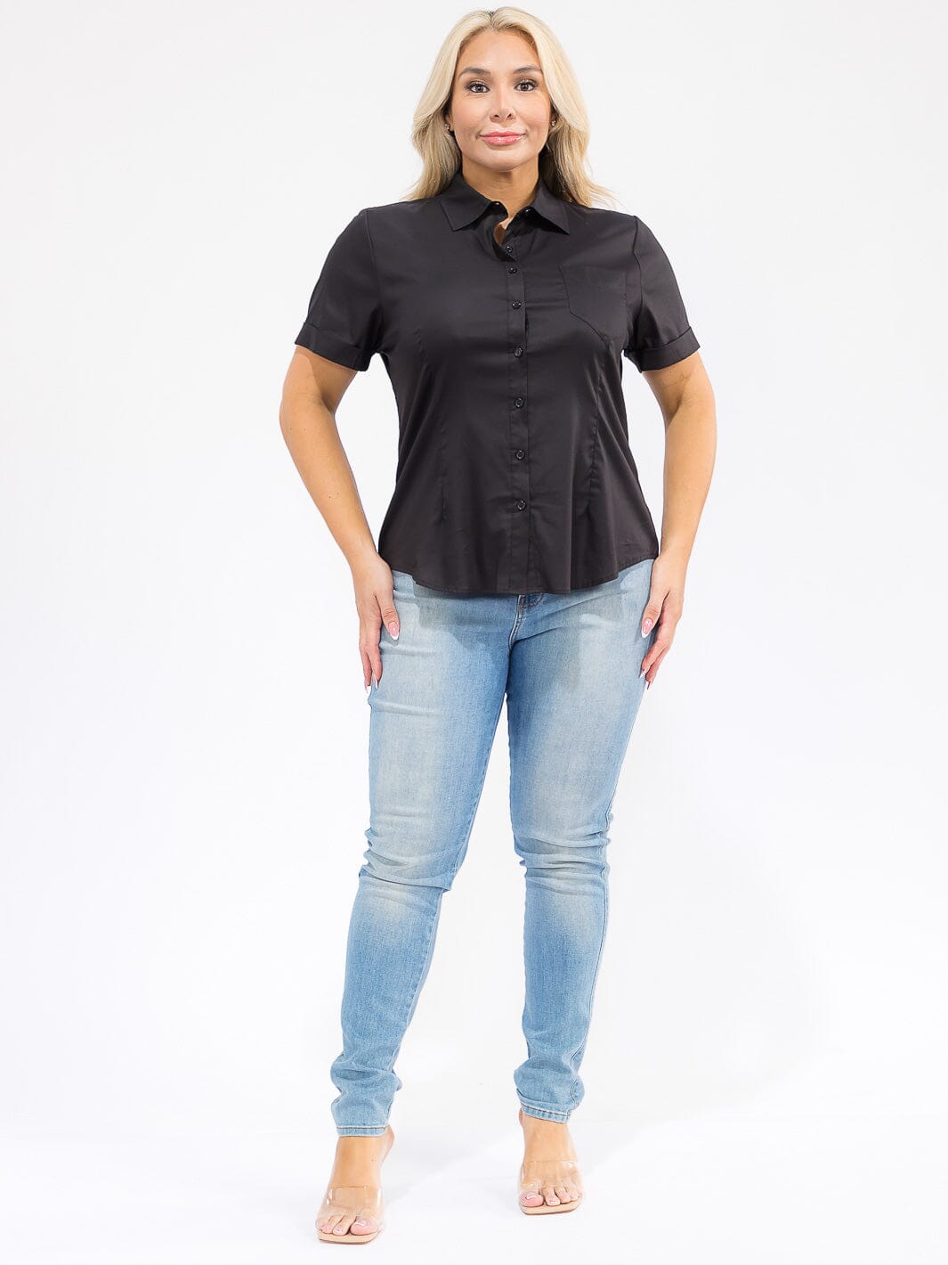 PLUS SIZE SHORT SLEEVE BUTTON UP FRONT POCKET BLOUSE