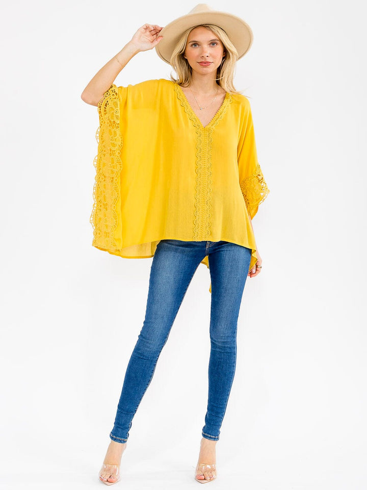 WOMEN'S SHORT SLEEVE V-NECK LACE TRIM TUNIC BLOUSE