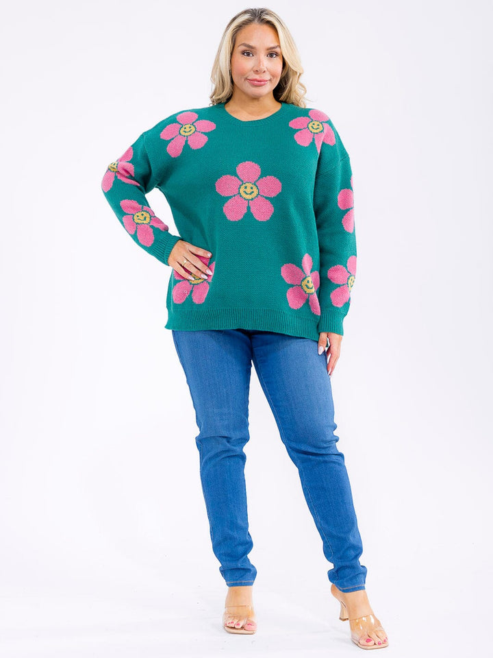 PLUS SIZE LONG FLORAL PRINT PULLOVER SWEATER