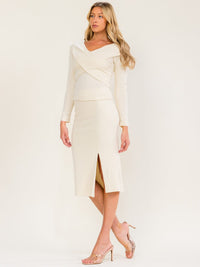 WOMEN'S LONG SLEEVE SURPLICE BLOUSE & ELASTIC WAIST MIDI SKIRT RIBBED 2PC. SET